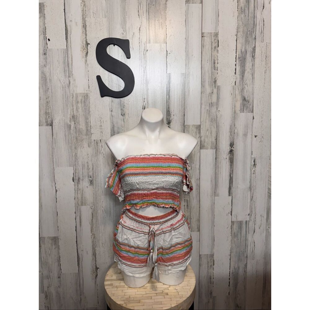 Salty Lemon Multi-Color Striped 2-Piece Smocked Crop Top & Shorts Set Women’s Sm